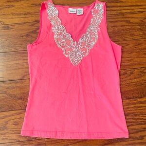 Y2K Together Pink Sequin Lace V-Neck Tank Top M VTG Boho Sparkle Cami Blouse